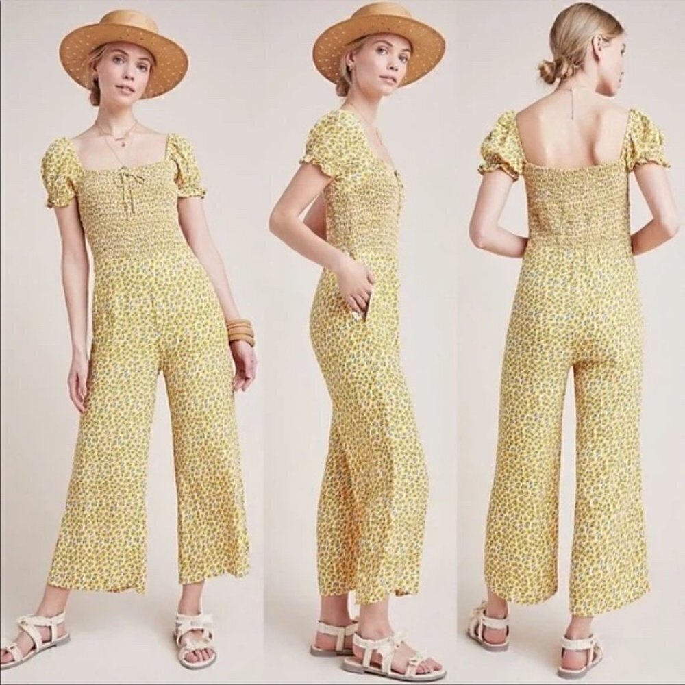 Faithfull The Brand Della Jumpsuit yellow floral cap sleeve 4 smocking small